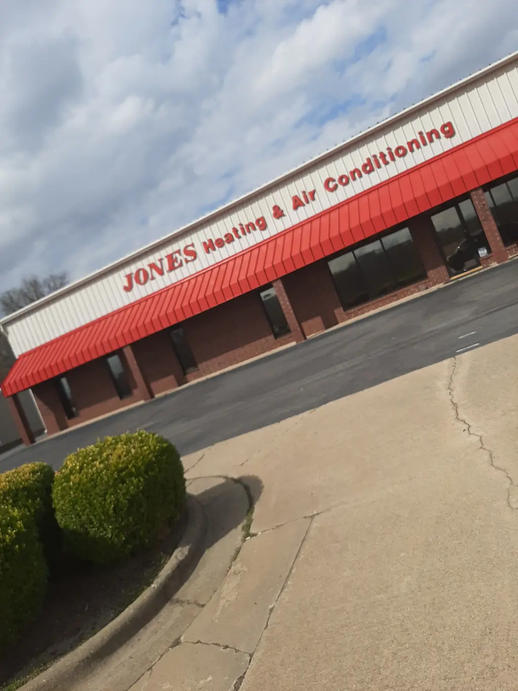 The red awning signage on the original Jones Heating & Air premises in Benton, Arkansas